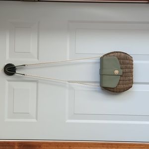 Women's Rattan Purse, Leather Trim, Polyester& Cotton Lining w Link Chain